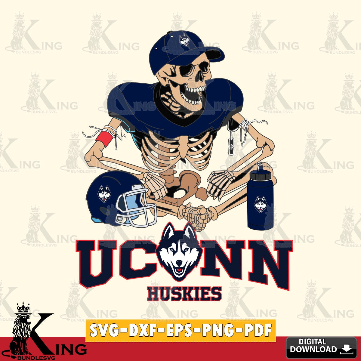 High-quality graphic of UConn Huskies skeleton player football vector art for engraving, cutting, and printing