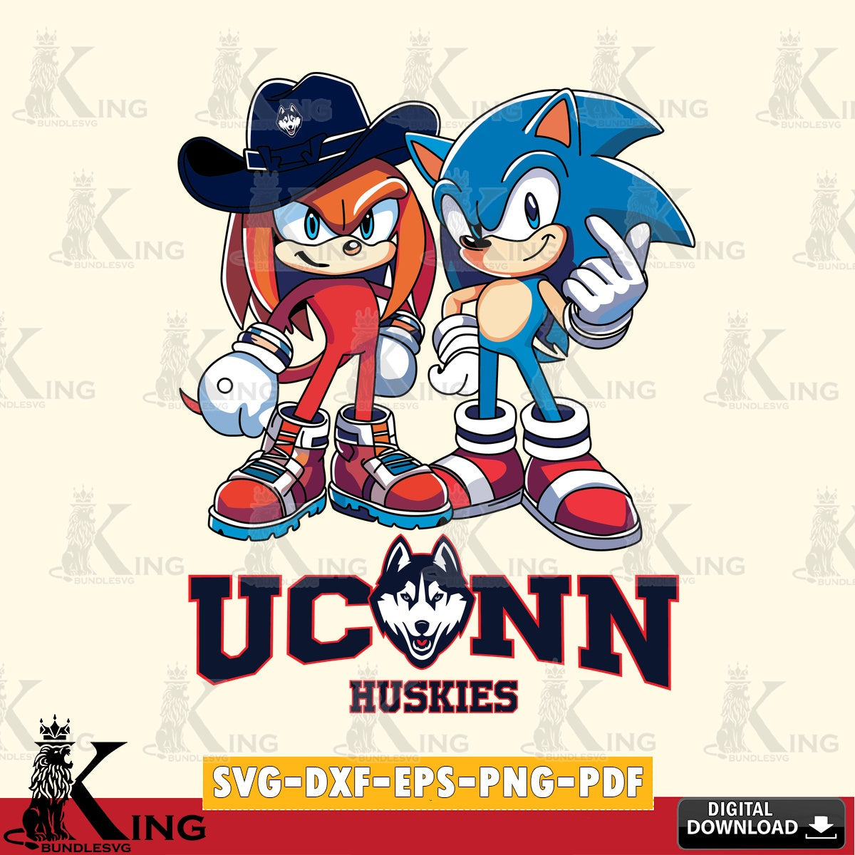 Modern graphic depicting UConn Huskies Sonic & Knuckles Football Mascot digital clipart compatible with laser engraving and