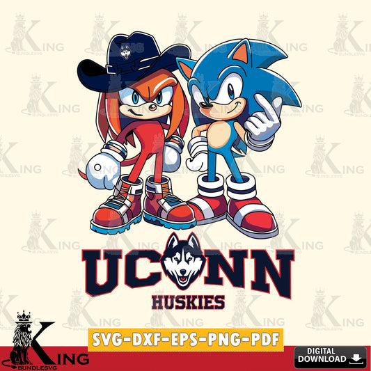 Modern graphic depicting UConn Huskies Sonic & Knuckles Football Mascot digital clipart compatible with laser engraving and