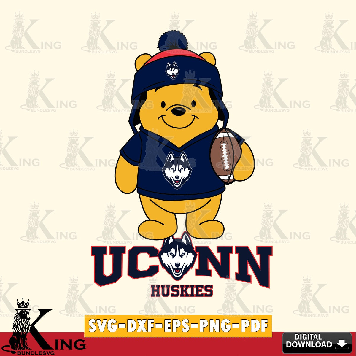 Printable art of UConn Huskies Winnie the Pooh player Football, NCAA SVG PNG design suitable for Glowforge and laser cutting