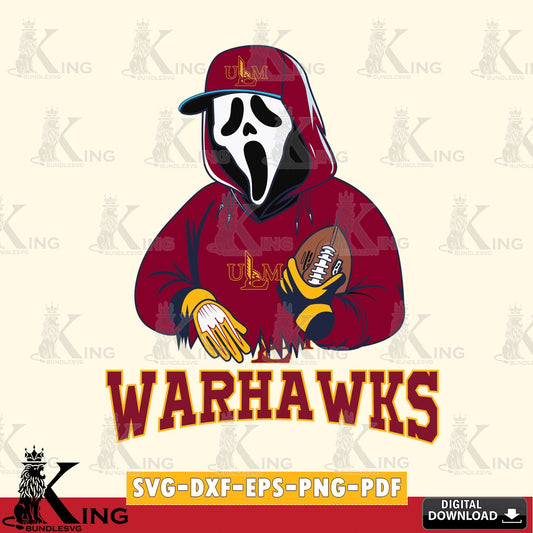 Printable art of UL Monroe Warhawks Ghostface Scream football player, NCAA SVG PNG design suitable for Glowforge and laser cutting