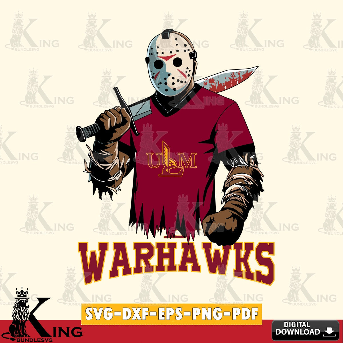 Hand-drawn style art of UL Monroe Warhawks Jason Voorhees Football, digital clipart compatible with laser engraving and cutting.