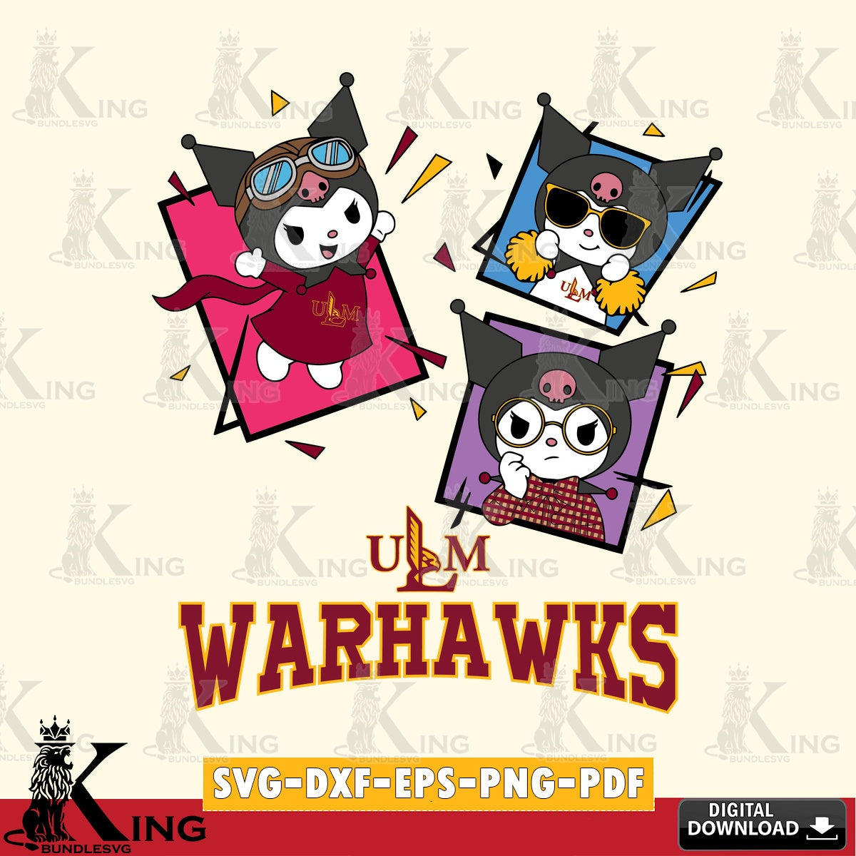 UL Monroe Warhawks Kuromi Action Football SVG file, Cricut, Cut file  , Digital Download , Instant Download, Sanrio svg, Clipart