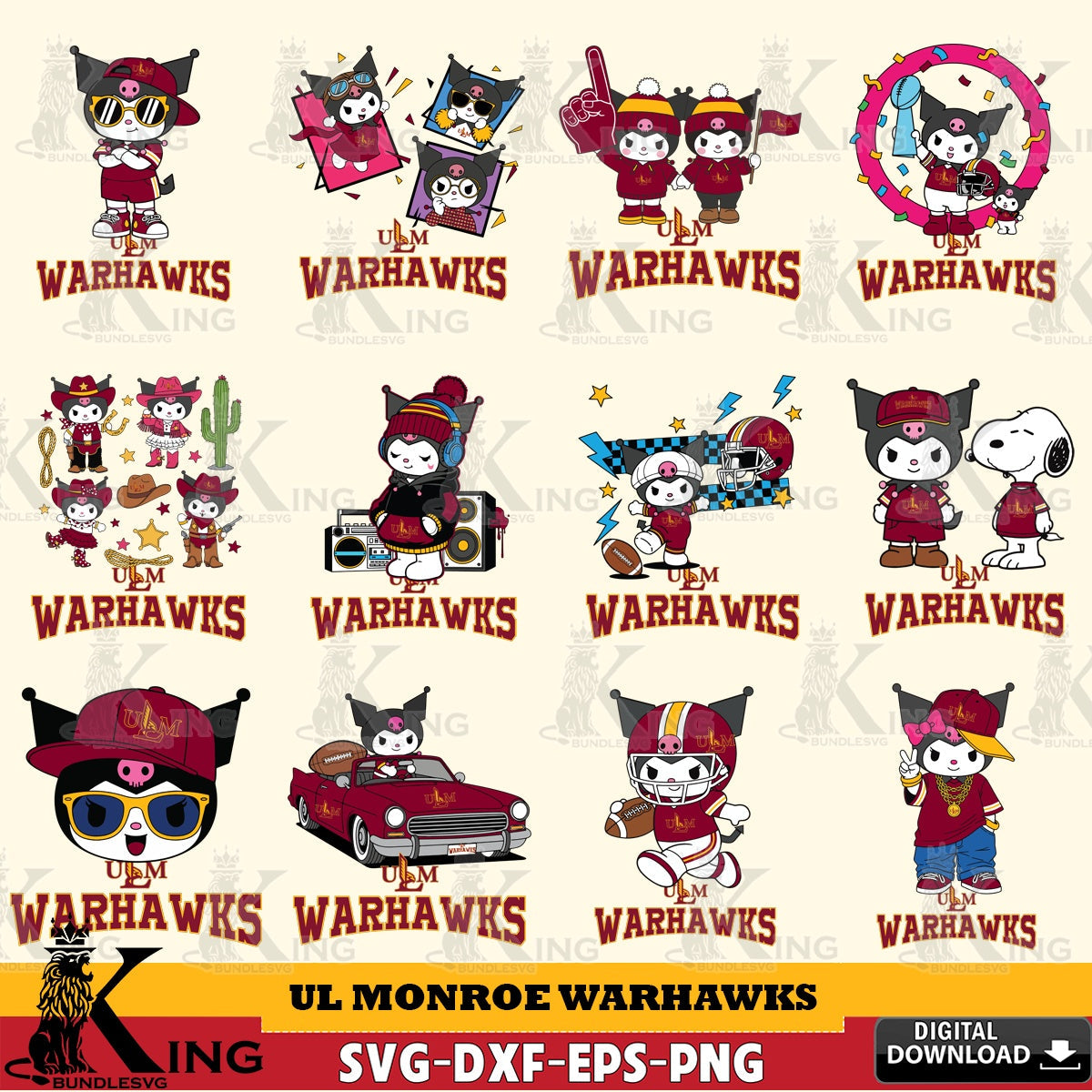 UL Monroe Warhawks Kuromi Football Jersey NCAA Bundle SVG file, Cricut, Cut file  , Digital Download , Instant Download, Sanrio svg, Clipart