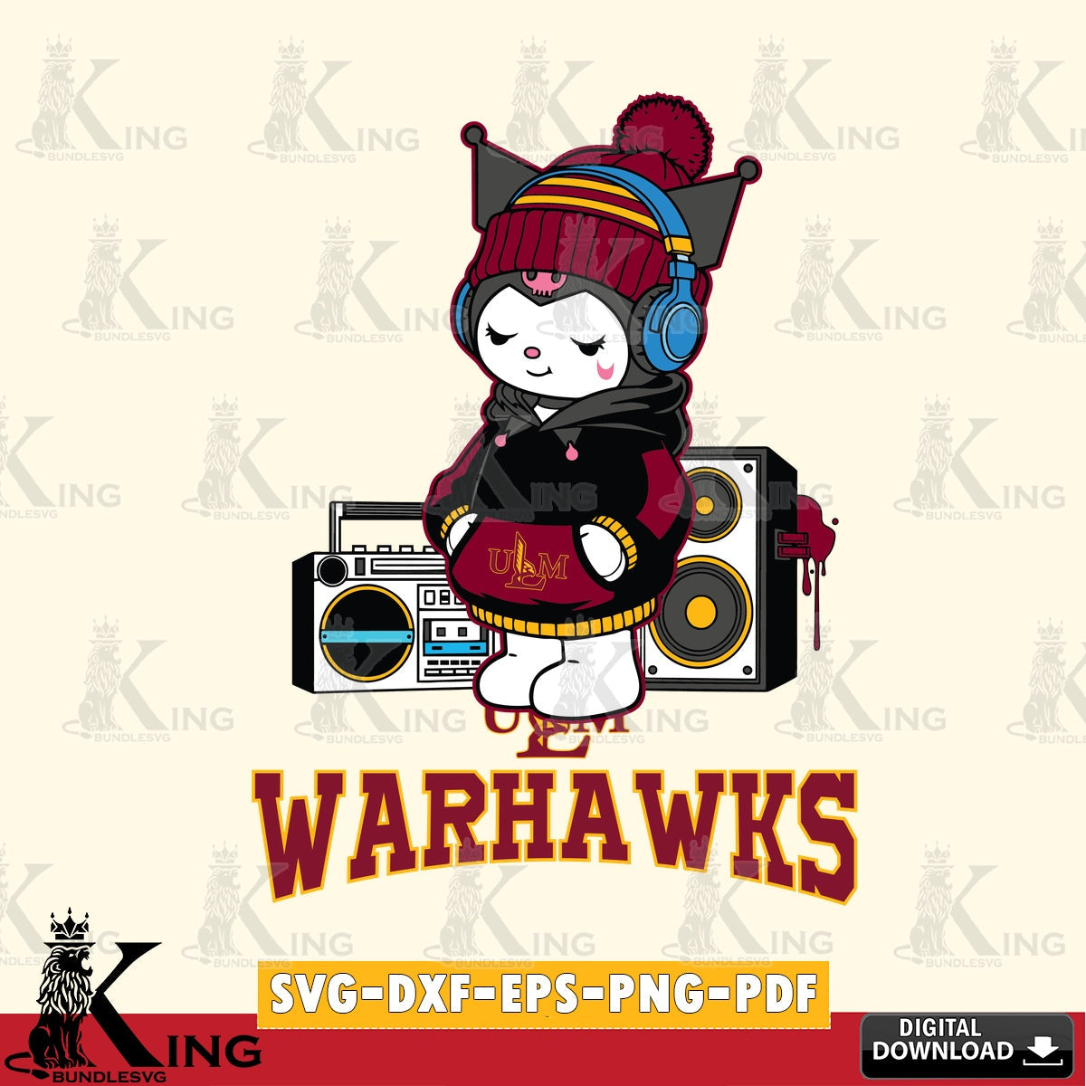 UL Monroe Warhawks Kuromi Football Music SVG file, Cricut, Cut file  , Digital Download , Instant Download, Sanrio svg, Clipart