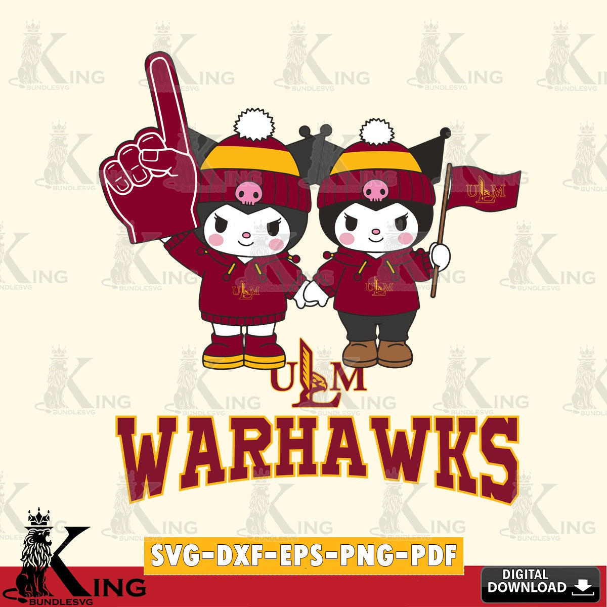 UL Monroe Warhawks Kuromi rugby Fan SVG file, Cricut, Cut file  , Digital Download , Instant Download, Sanrio svg, Clipart