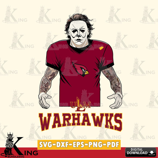 High-quality graphic of UL Monroe Warhawks Michael Myers Tattoo Football, vector art for engraving, cutting, and printing