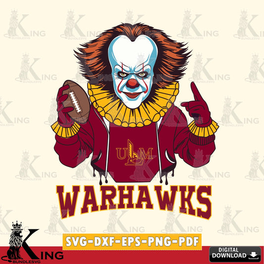 Eye-catching graphic of a UL Monroe Warhawks Pennywise football player, a crafting file for iron-on transfer and vinyl decals.