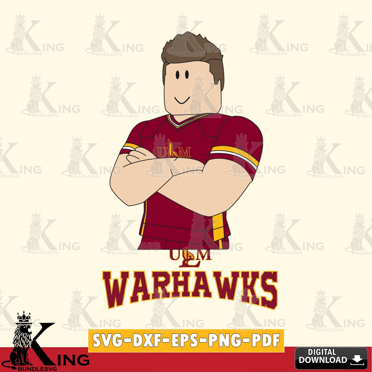 Hand-drawn style art of UL Monroe Warhawks Roblox Football NCAA Cricut printable vector design for sublimation and crafts