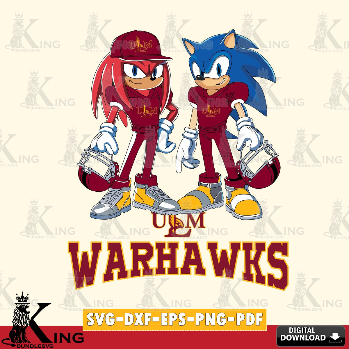 Custom design featuring UL Monroe Warhawks Sonic and Knuckles football player vector art for engraving, cutting, and printing.