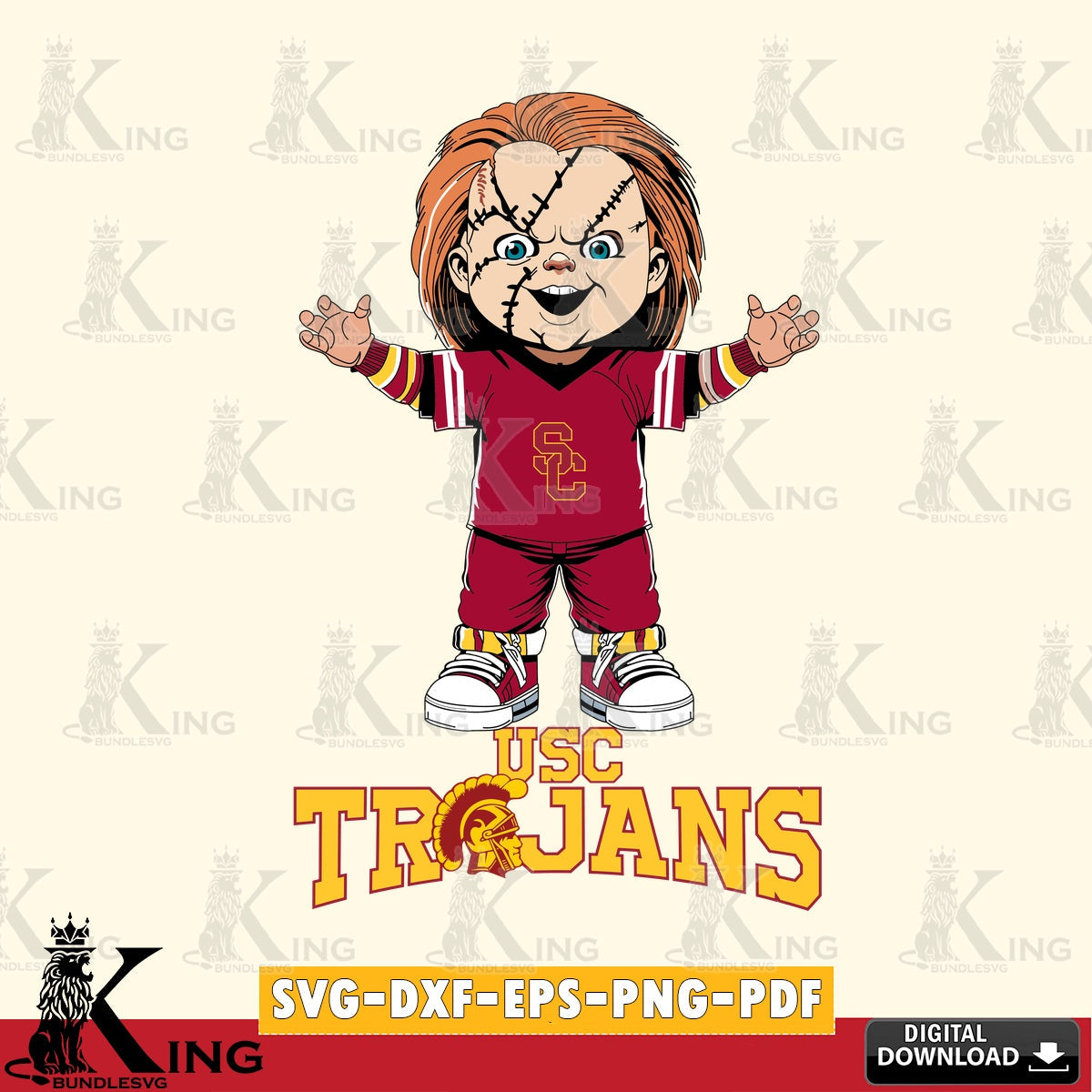 Creative design featuring a USC Trojans Chucky Football NCAA file cut, a digital download for Cricut Maker and paper crafts.
