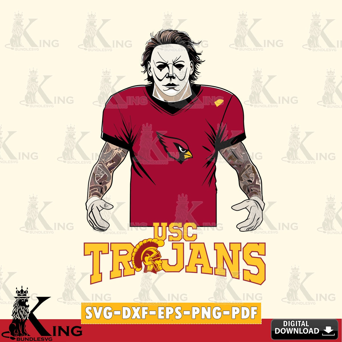 Vector design showing USC Trojans Michael Myers tattoo football, NCAA, cut SVG PNG files perfect for Cricut and Silhouette cutting