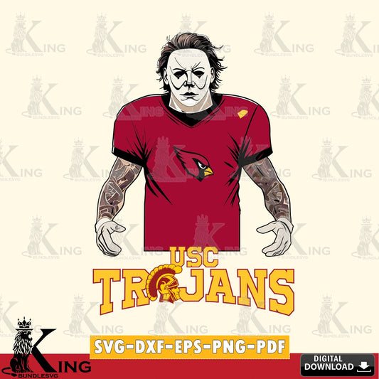 Vector design showing USC Trojans Michael Myers tattoo football, NCAA, cut SVG PNG files perfect for Cricut and Silhouette cutting