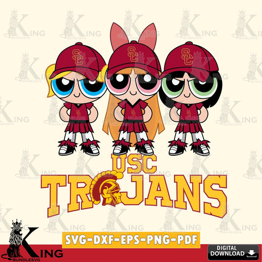 Vector design showing USC Trojans PowerPuff Girls Football, a crafting file for iron-on transfer and vinyl decals.