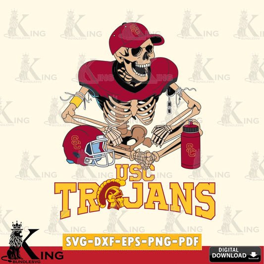 Custom design featuring a USC Trojans skeleton football player, versatile clip art for stickers, decals, and mugs.