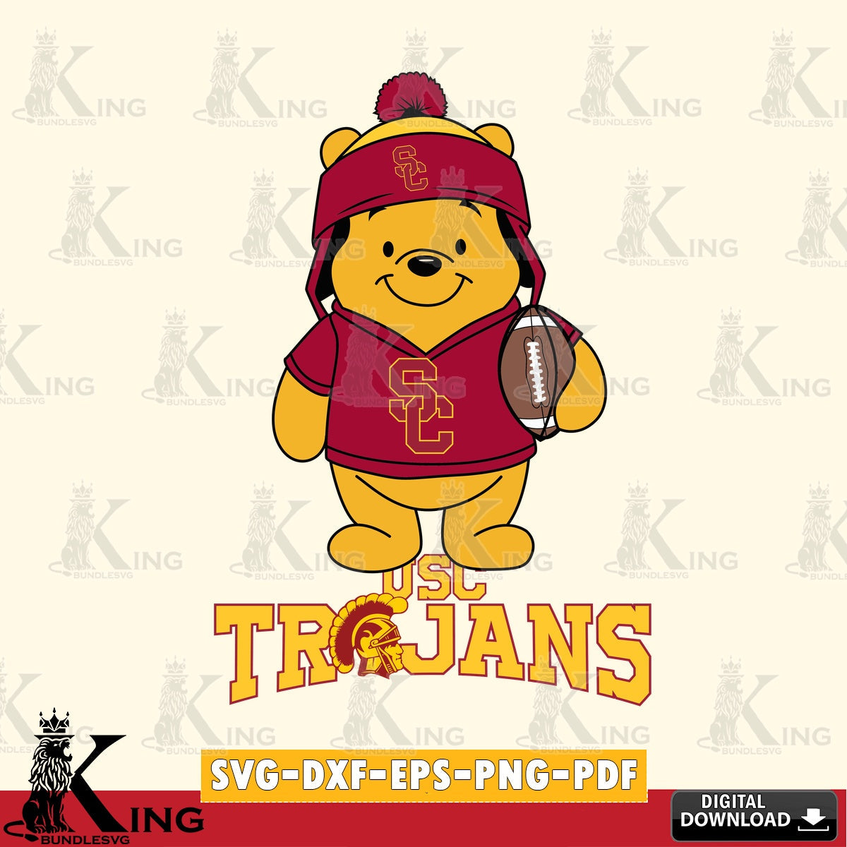 Unique artwork depicting a USC Trojans Winnie the Pooh football player, a digital clipart compatible with laser engraving and