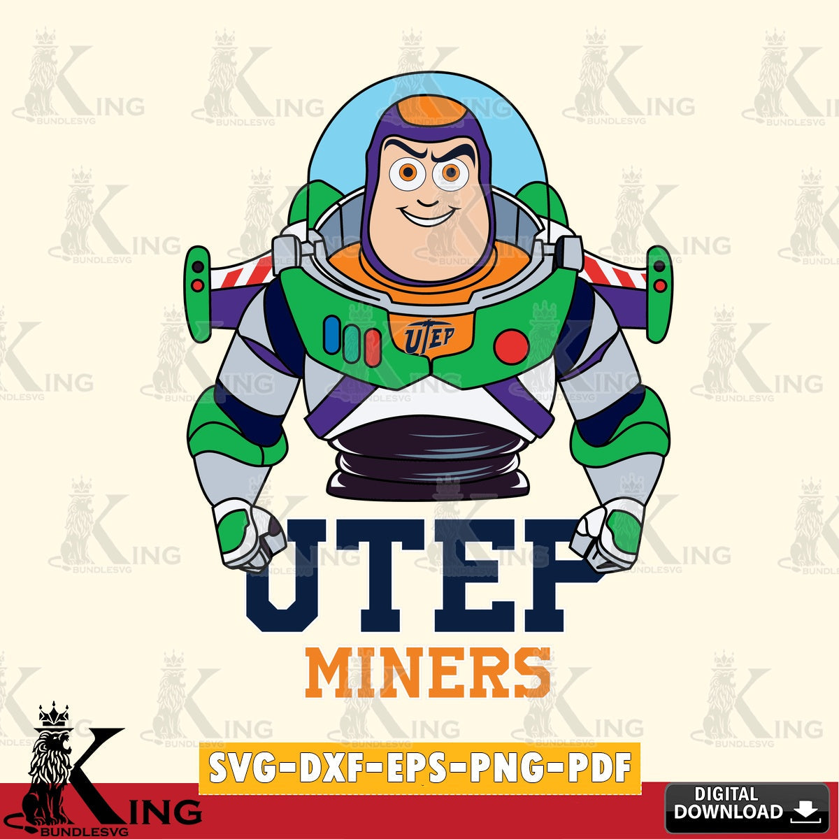 Unique artwork depicting UTEP Miners Buzz Lightyear football, NCAA, vector art for engraving, cutting, and printing
