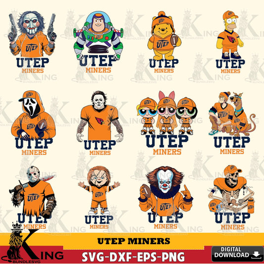 Comprehensive collection of UTEP Miners cartoon football NCAA bundle vector illustration for POD merchandise and apparel
