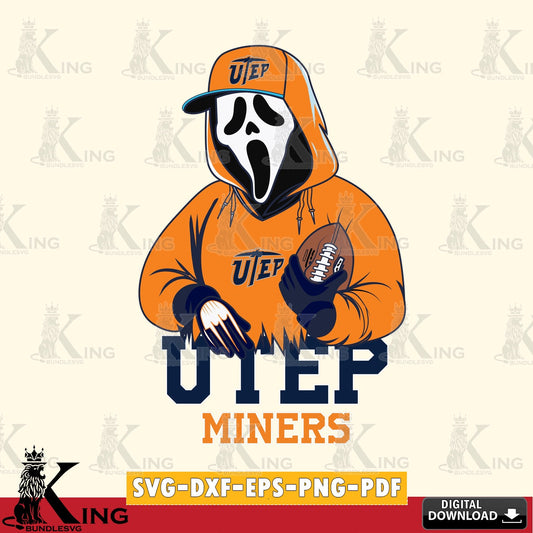 Detailed illustration of a UTEP Miners Ghostface Scream football player, versatile clip art for stickers, decals, and mugs.