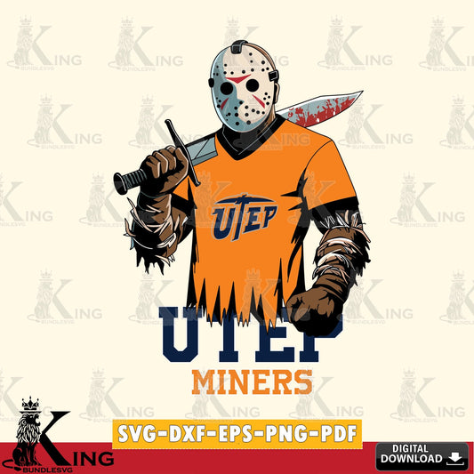 Digital clipart of UTEP Miners Jason Voorhees Football, NCAA vector art for engraving, cutting, and printing