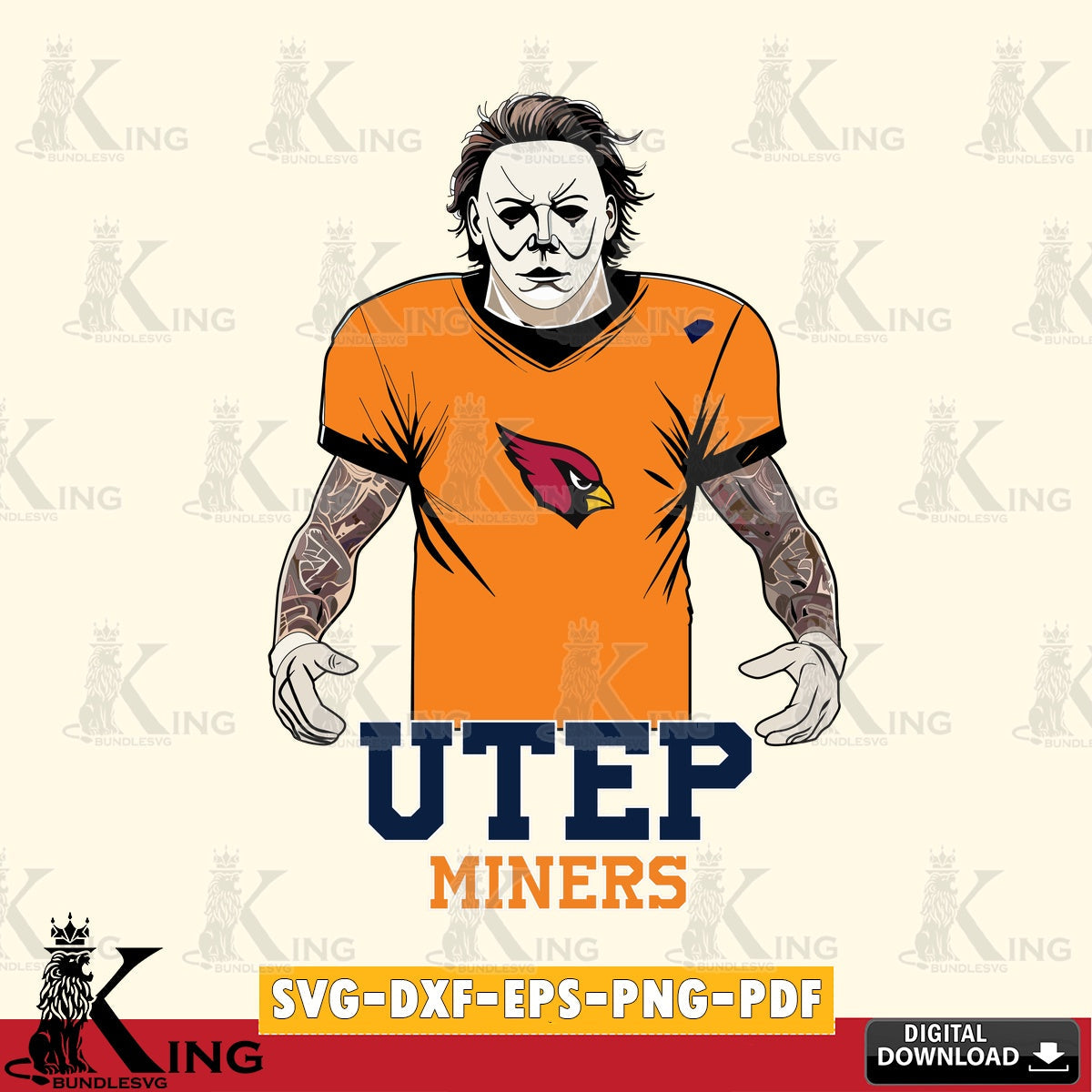 Unique artwork depicting UTEP Miners Michael Myers Tattoo Football, NCAA SVG PNG design suitable for Glowforge and laser cutting