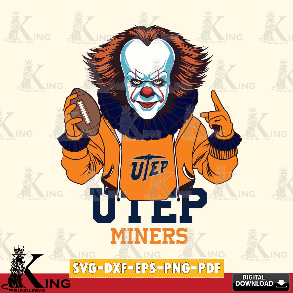 Hand-drawn style art of UTEP Miners Pennywise football player, a digital download for Cricut Maker and paper crafts