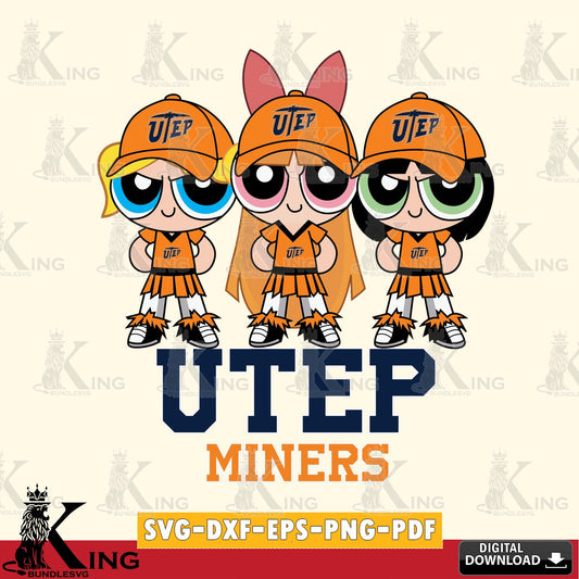 High-quality graphic of UTEP Miners PowerPuff Girls Football, PNG clipart for sublimation printing and graphic design