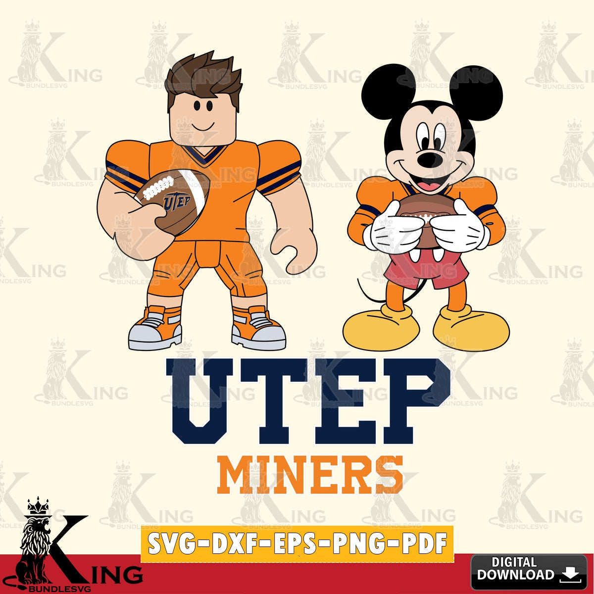 Printable art of UTEP Miners Roblox & Mickey Football, NCAA Cricut, vector art for engraving, cutting, and printing