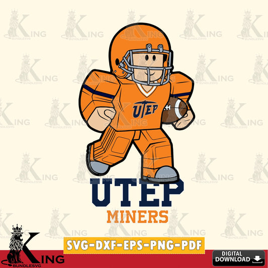 Unique artwork depicting a UTEP Miners Roblox Player Rugby design, SVG PNG design suitable for Glowforge and laser cutting
