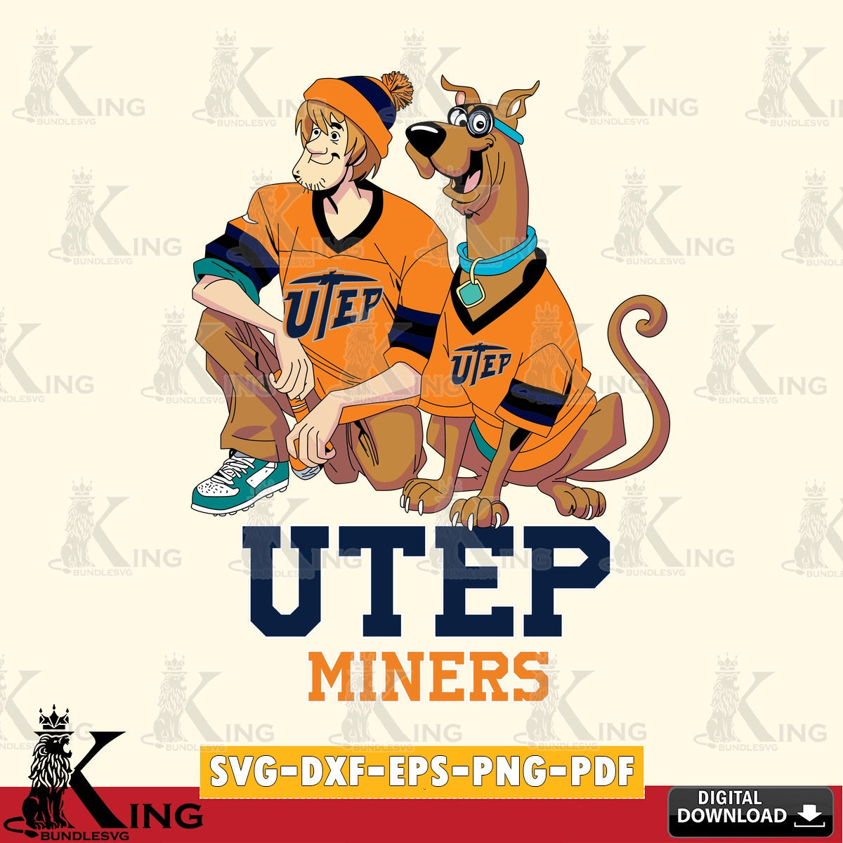Unique artwork depicting UTEP Miners Shaggy and Scooby Doo football vector illustration for POD merchandise and apparel