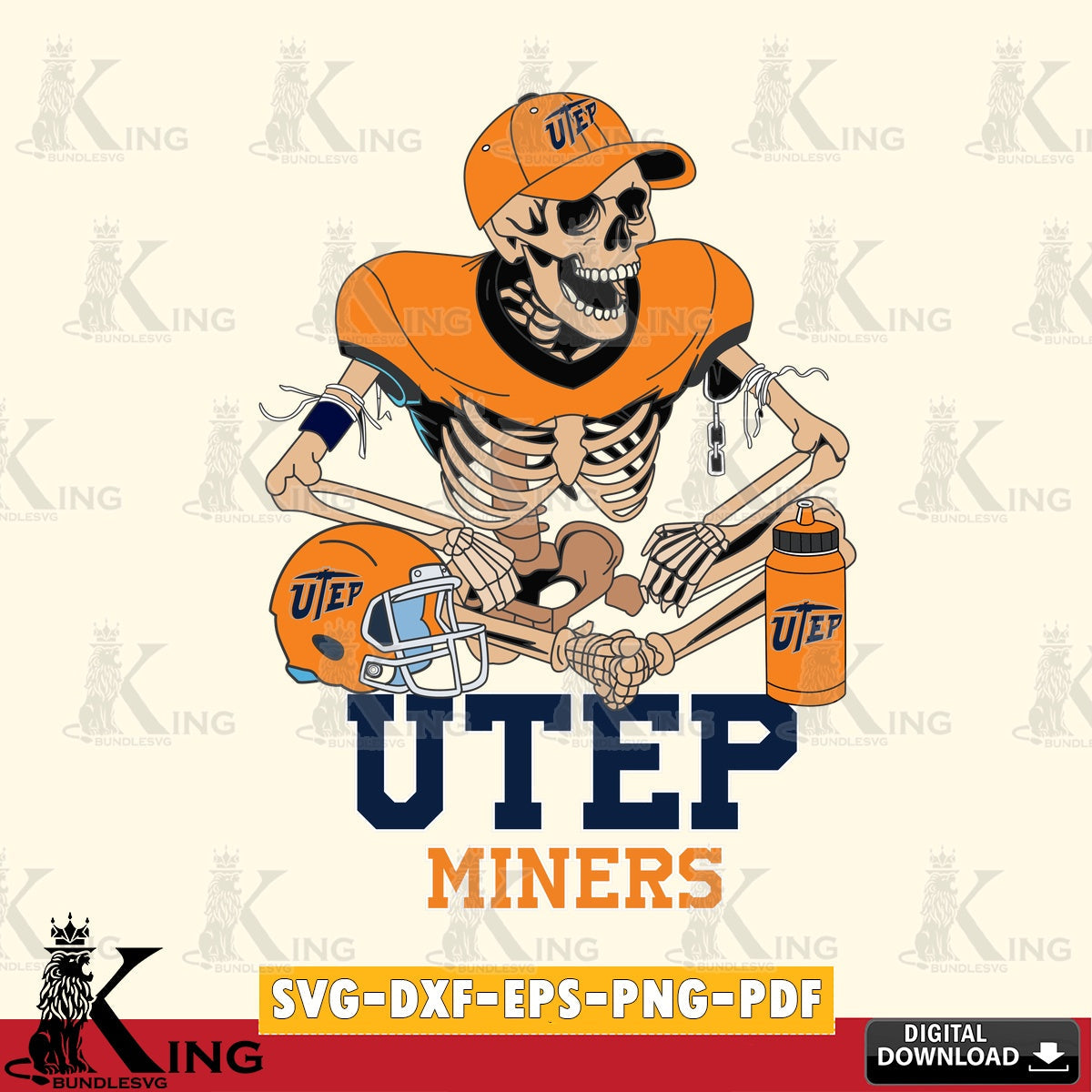Eye-catching graphic of a UTEP Miners skeleton football player, vector illustration for POD merchandise and apparel