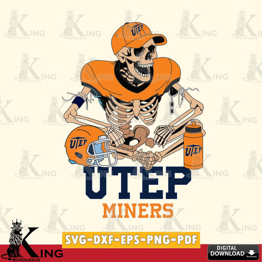 Eye-catching graphic of a UTEP Miners skeleton football player, vector illustration for POD merchandise and apparel