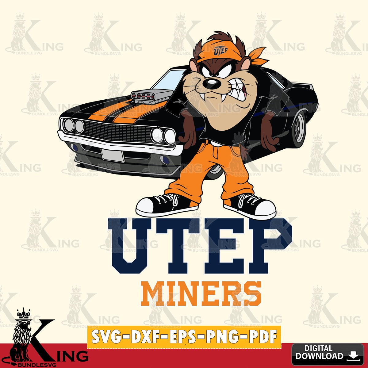 UTEP Miners Taz Racing Car SVG file, Cut file  , Digital Download , Instant Download, Taz svg, NCAA svg
