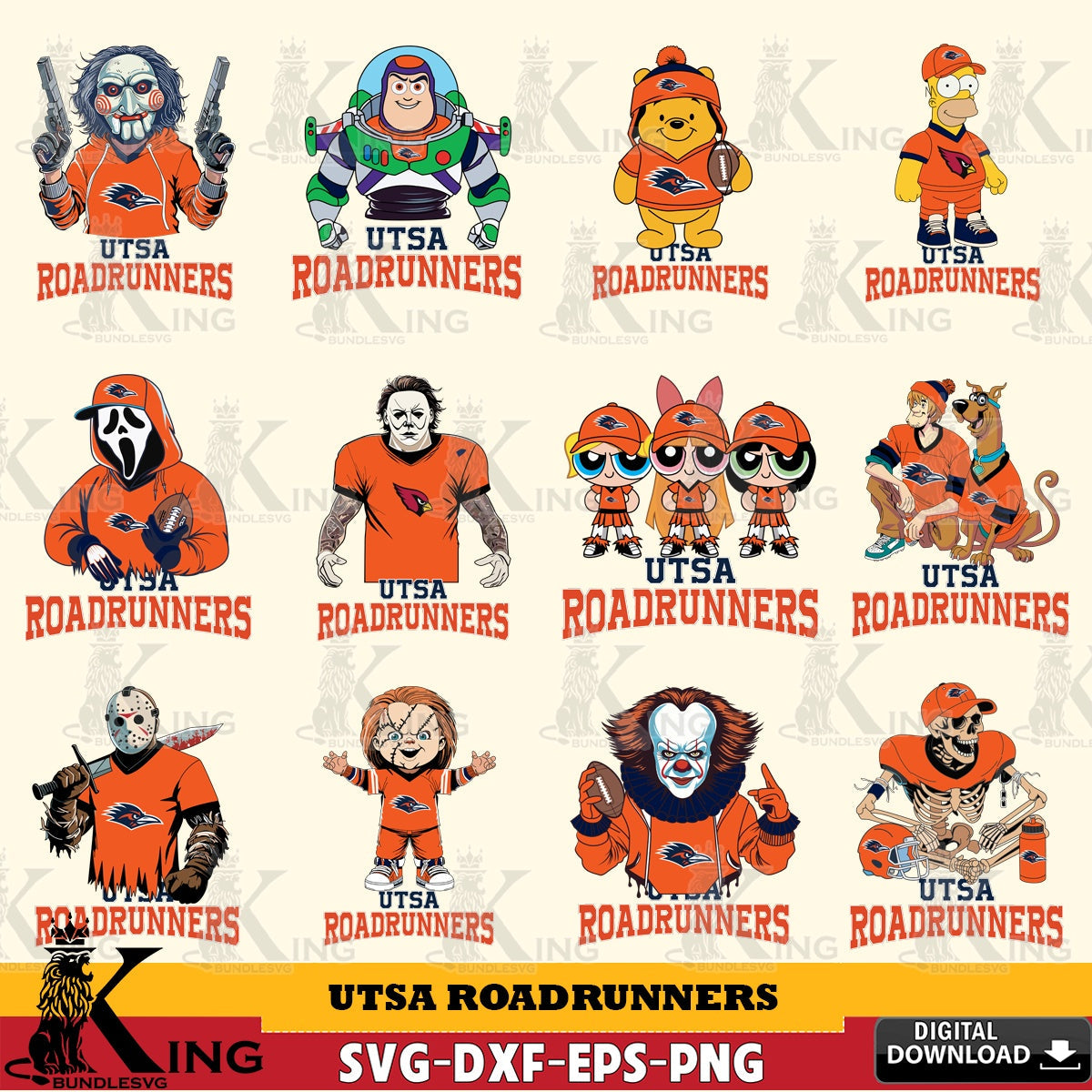 Variety pack of UTSA Roadrunners cartoon football NCAA bundle crafting file for iron-on transfer and vinyl decals