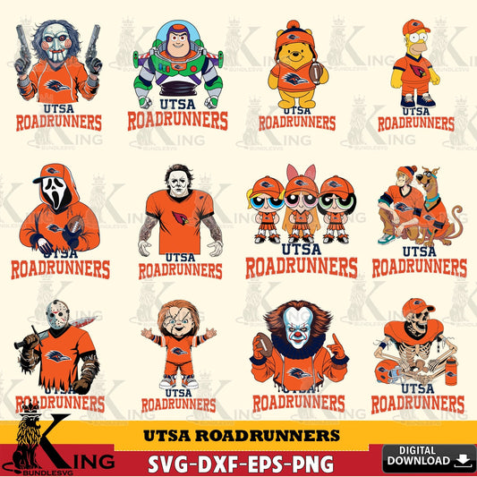 Variety pack of UTSA Roadrunners cartoon football NCAA bundle crafting file for iron-on transfer and vinyl decals