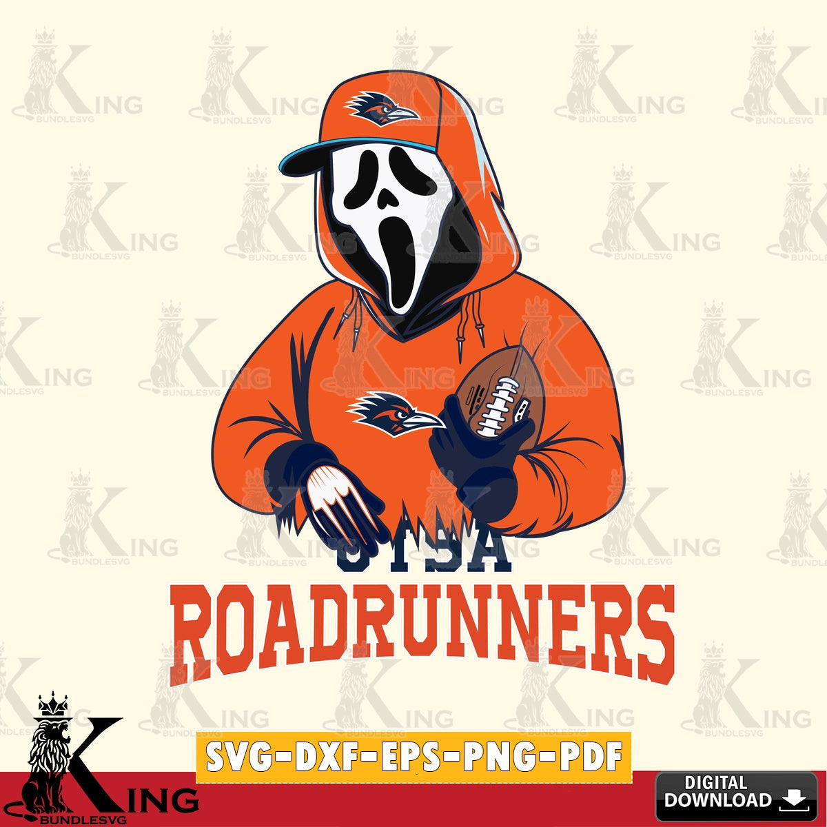 Vector design showing UTSA Roadrunners Ghostface Scream football player, a digital file for silhouette cameo and cricut projects.