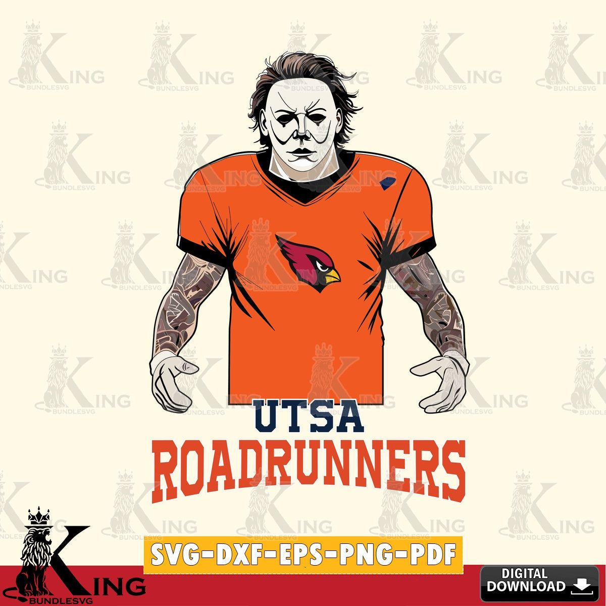 Modern graphic depicting UTSA Roadrunners Michael Myers tattoo football, vector illustration for POD merchandise and apparel