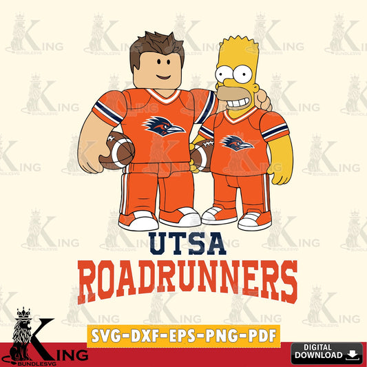 Artistic drawing of UTSA Roadrunners Roblox & Homer Simpson football, NCAA, file cut, digital download for Cricut Maker and paper