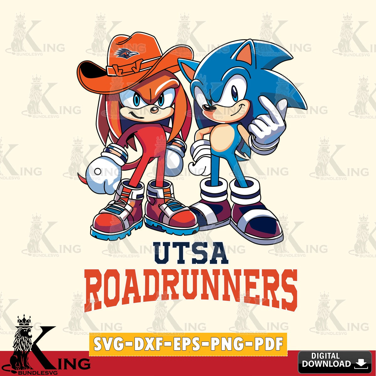 Modern graphic depicting UTSA Roadrunners Sonic & Knuckles Football Mascot SVG PNG files perfect for Cricut and Silhouette cutting