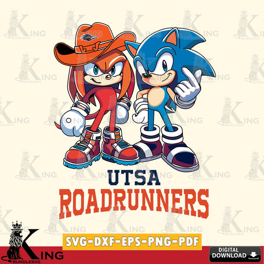 Modern graphic depicting UTSA Roadrunners Sonic & Knuckles Football Mascot SVG PNG files perfect for Cricut and Silhouette cutting