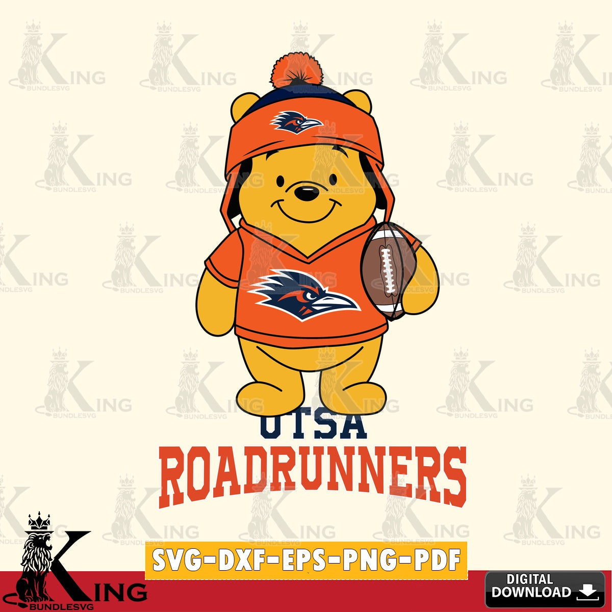 Unique artwork depicting a UTSA Roadrunners Winnie the Pooh player football design, SVG cut file for personalized gifts and laser