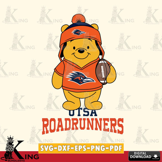 Unique artwork depicting a UTSA Roadrunners Winnie the Pooh player football design, SVG cut file for personalized gifts and laser