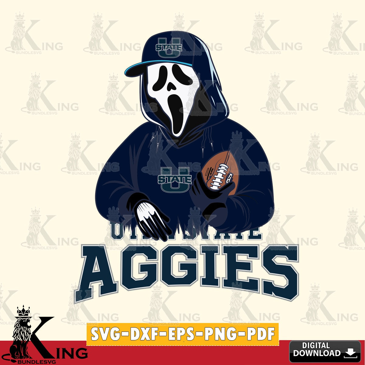 Modern graphic depicting Utah State Aggies Ghostface Scream football player, digital file for silhouette cameo and cricut