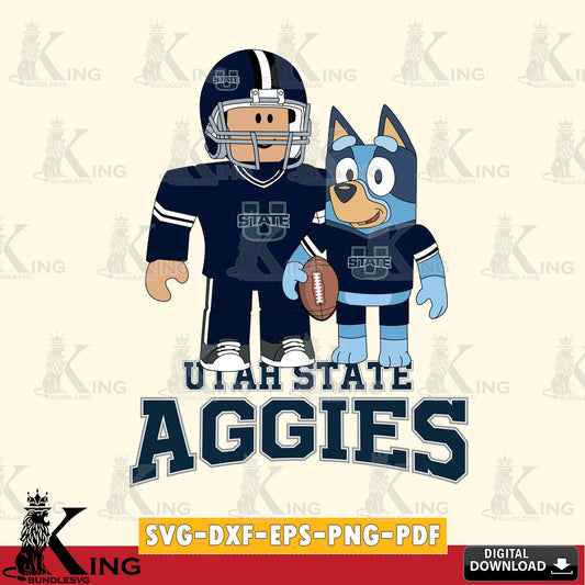 Hand-drawn style art of Utah State Aggies Roblox & Bluey Football, NCAA Cricut, digital clipart compatible with laser engraving