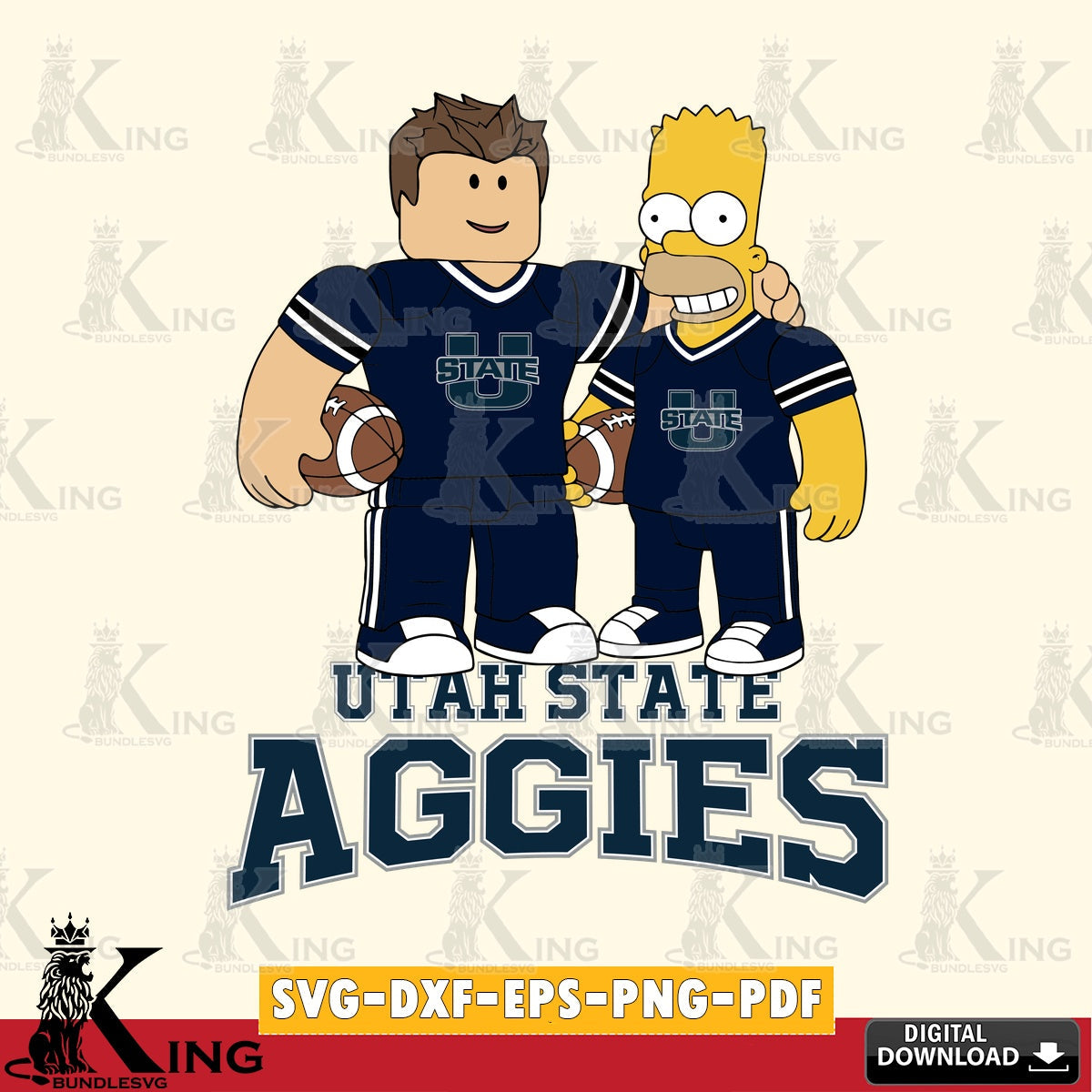 Hand-drawn style art of Utah State Aggies Roblox & Homer Simpson football, NCAA Cricut, file cut, versatile clip art for