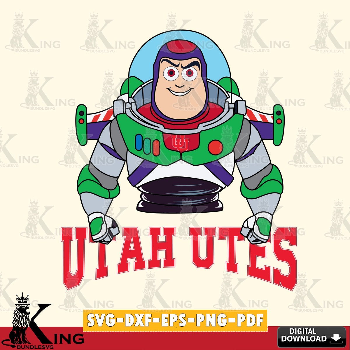 Hand-drawn style art of Utah Utes Buzz Lightyear Football, NCAA crafting file for iron-on transfer and vinyl decals.