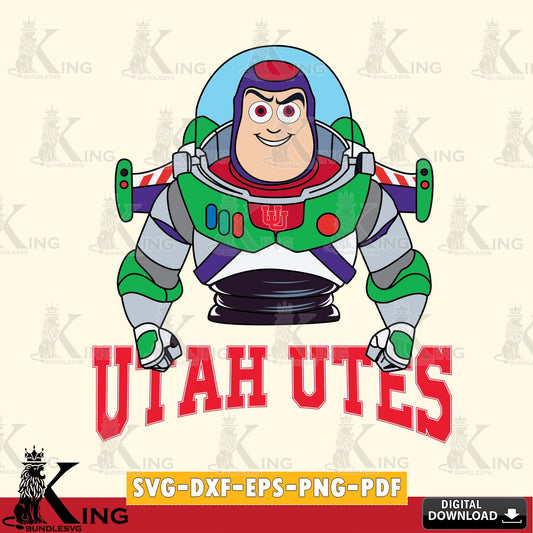 Hand-drawn style art of Utah Utes Buzz Lightyear Football, NCAA crafting file for iron-on transfer and vinyl decals.