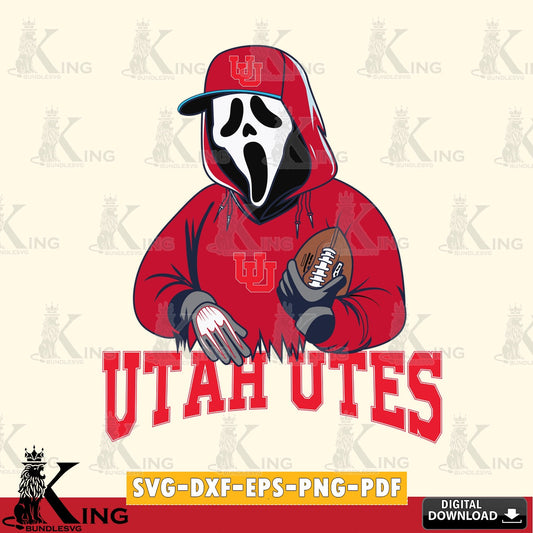 Modern graphic depicting a Utah Utes Ghostface Scream football player, a digital file for silhouette cameo and cricut projects.