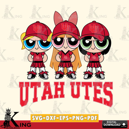 Unique artwork depicting Utah Utes PowerPuff Girls Football, a crafting file for iron-on transfer and vinyl decals.