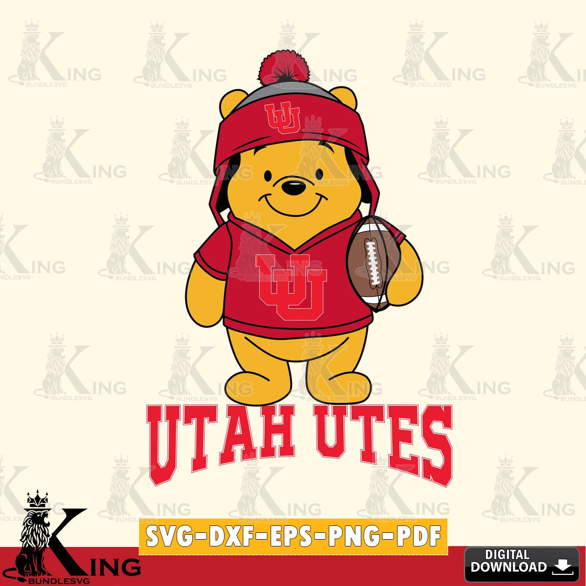 Beautiful illustration of Utah Utes Winnie the Pooh football player, a digital file for silhouette cameo and cricut projects